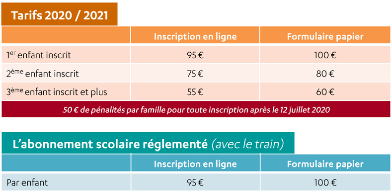 tarifs scolaire
